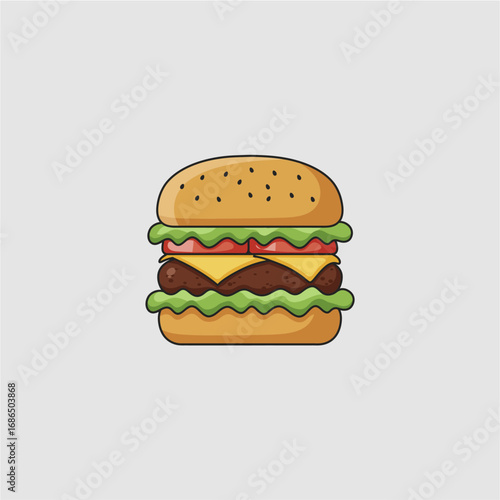 A delicious cartoon hamburger illustration with fresh ingredients and sesame seeds on top bun.
