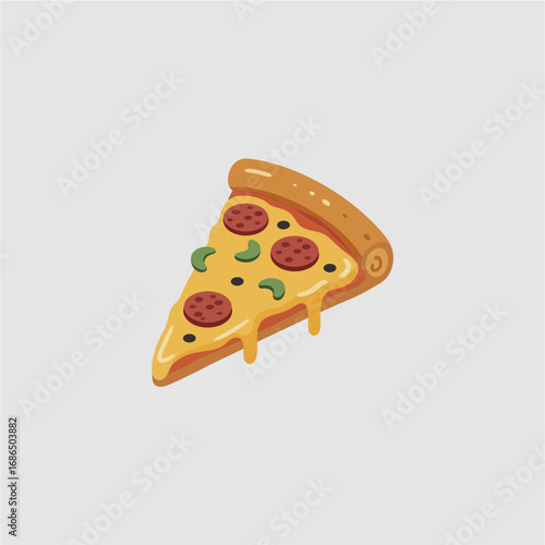 A single slice of pizza with pepperoni and green peppers, featuring melted cheese dripping down, isolated on a light grey background.