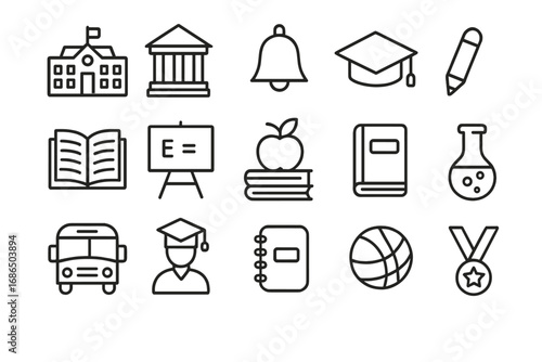 School, College, University Line Icon Collection with Editable Stroke for Infographics, Educational Materials, Articles, Books, Flyers, and Banners, Vector Cartoon Illustration