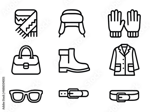 Winter Fashion Icons. Outline icon set of fashion winter accessories: patterned scarf, fur hat, wool gloves,