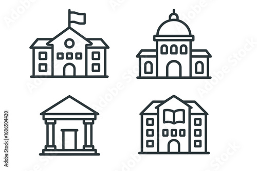 Educational Institution Icons Collection, School, College, University Vector Set, Editable Stroke, Cartoon Style, Perfect for Infographics, Articles, Flyers, Banners Illustration