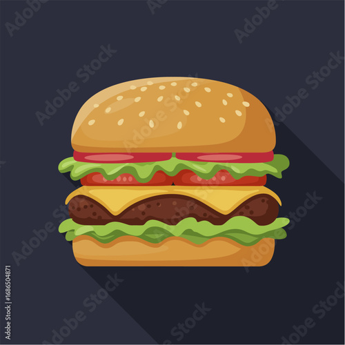 Illustration of a delicious-looking burger with a sesame seed bun, lettuce, cheese, tomato, and a beef patty on a dark background.