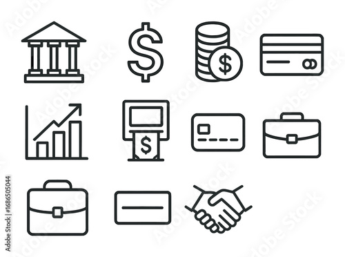 Financial Icon Set. Outline icon set of financial towers: bank, dollar sign, coin stack, chart, ATM, credit