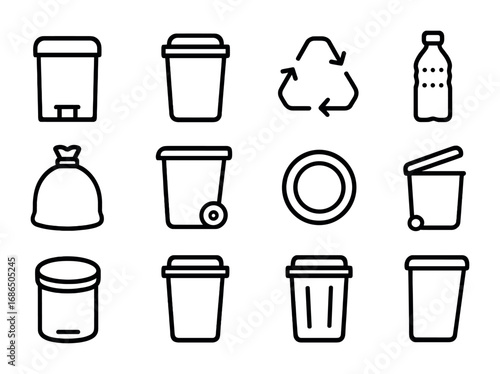Household Waste Icons. Outline icon set of household waste bins: pedal bin, swing lid, recycling arrows,