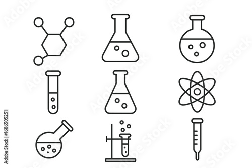 Set of Chemistry Line Icons for Design with Editable Stroke, Scientific Vector Elements for Web, Apps, Cards, Includes Chemical Compounds, Laboratory Flasks, Atom Symbols, Modern Linear Style