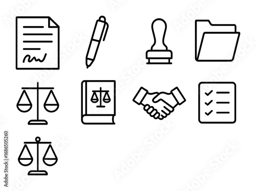 Financial Contract Icons. Outline icon set of financial contracts: signed paper, pen, seal stamp, contract