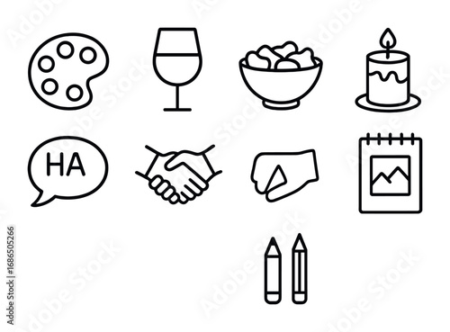 Craft Night Icons. Outline icon set of arts and crafts evening with friends: paint palette, wine glass, snack