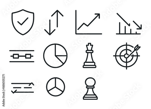 Derivative Strategy Icons. Outline icon set of derivative strategies: hedge shield, leverage arrows, long