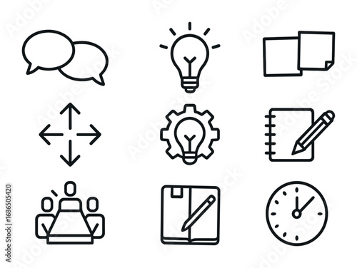 Brainstorming Icons Set. Outline icon set of brainstorming session: speech bubbles, lightbulb, team table,
