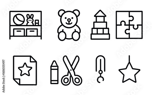 Playroom Creativity Icons. Outline icon set of playroom creativity: toy shelf, teddy bear, block tower, puzzle