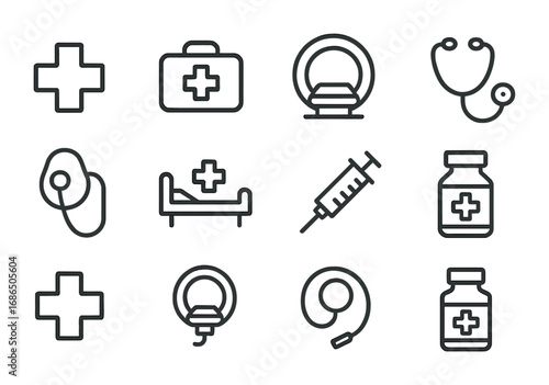 Mars Healthcare Icons. Outline icon set of Mars healthcare facilities: medical cross, first aid kit, scanner,