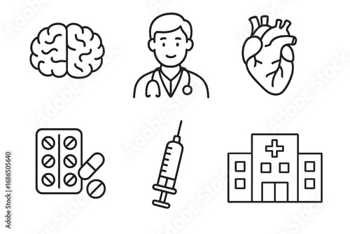 Simple linear medical hospital illustration with icons of brain, doctor, heart, pills, syringe, and clinic for healthcare design, apps, cards, posts, and websites, vector art