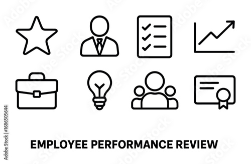 Performance Review Icons. Outline icon set of employee performance review: star, manager icon, checklist,