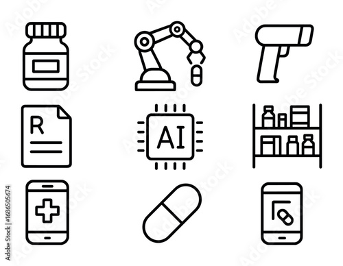 Smart Pharmacy Icons. Outline icon set of smart pharmacy: pill bottle, robotic arm, barcode scanner,