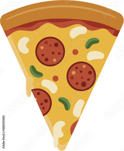 An illustration of a classic pepperoni pizza slice with melted cheese, green peppers, and a thick crust.