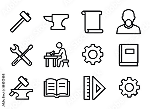 Historical Apprenticeships Icons. Outline icon set of apprenticeships in history: hammer, anvil, scroll,