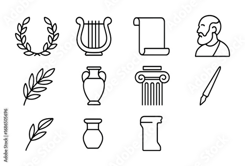 Ancient Greek Icons. Outline icon set of ancient Greek schools: laurel wreath, lyre, scroll, philosopher,