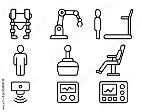 Robotic Rehab Icons. Outline icon set of robotic rehabilitation: exoskeleton, robotic arm, treadmill, patient