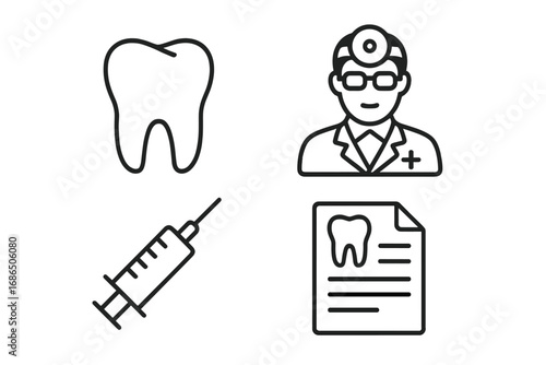 Dentist related outline icon set with teeth, doctor, syringe, prescription and medical symbols for healthcare banners, infographics, articles, books, and dental design concepts