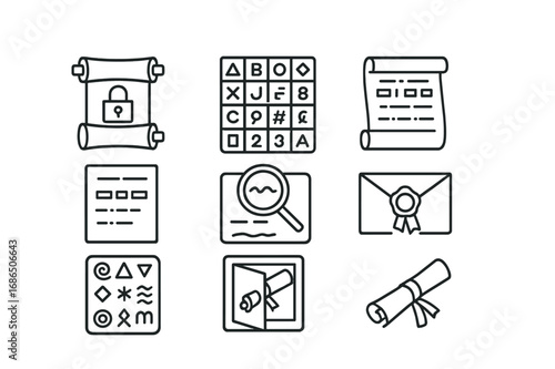 Secret Writing Icons. Outline icon set of secret writings: locked scroll, cipher symbols, coded message,