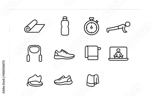 Home Workout Essentials Icons. Outline icon set of home workouts: yoga mat, water bottle, stopwatch,