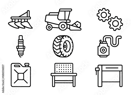 Farm Machinery Icons. Outline icon set of farm machinery maintenance: plow, harvester, gears, spark plug, tire