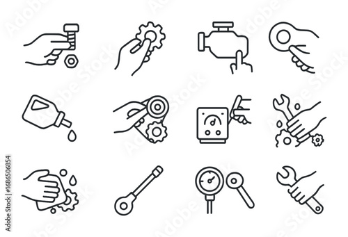 Mechanical Repair Icons. Outline icon set of mechanical repair process: tightening bolt, replacing part,