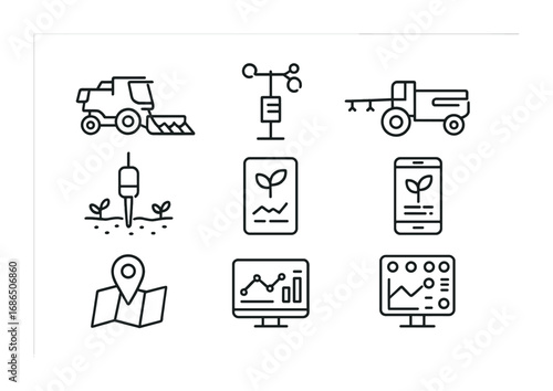 Smart Agriculture Icons. Outline icon set of smart agriculture technology: automated harvester, weather