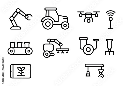 Farm Robotics Icons. Outline icon set of farm robotics: robotic arm, autonomous tractor, drone, sensor,