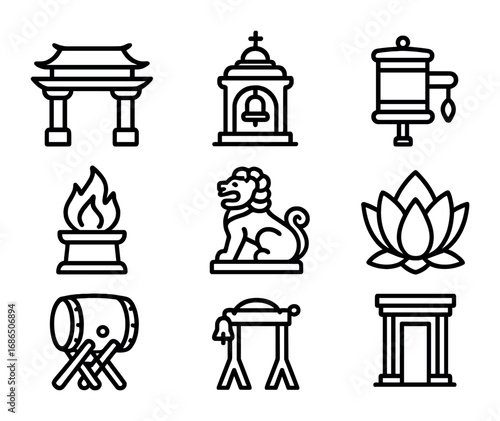 Historic Site Icons. Outline icon set of historic religious sites: temple entrance, bell tower, prayer wheel,