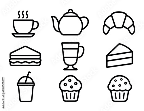 Cafe Icon Set. Outline icon set of cafe and bistro items: coffee cup, teapot, croissant, sandwich, latte, cake