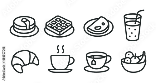 Brunch Icon Set. Outline icon set of brunch menu items: pancakes, waffles, omelette, smoothie, croissant,