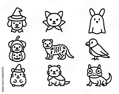 Halloween Pet Costumes. Outline icon set of Halloween pets costumes: dog witch, cat vampire, rabbit ghost,