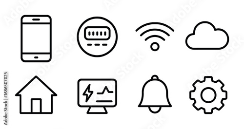 Smart Energy Icons. Outline icon set of remote energy management: smartphone, smart meter, Wi-Fi, cloud, house