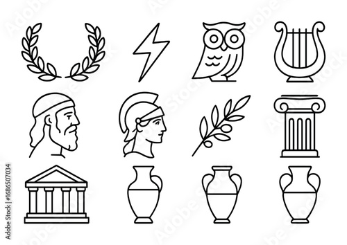 Greek Icons Grid. Outline icon set of Greek gods and symbols: laurel wreath, lightning bolt, owl, lyre, olive