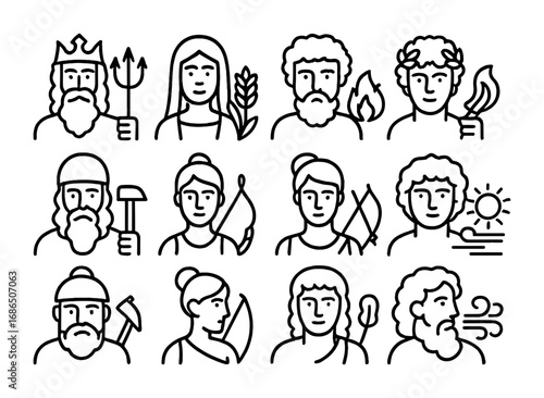 Nature Gods Icon Set. Outline icon set of gods of nature and elements: Poseidon, Demeter, Hades, Apollo,