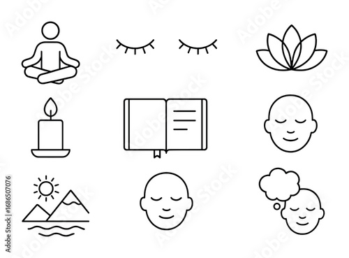 Mindfulness Icon Set. Outline icon set of Mindfulness and self-reflection: meditation pose, closed eyes, lotus
