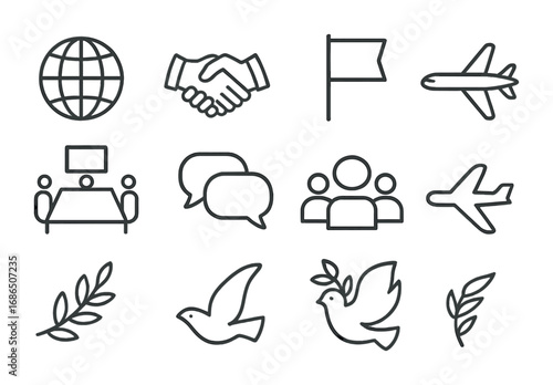 Global Unity Icons. Outline icon set of International cooperation: globe, handshake, flag, airplane,