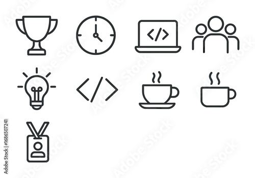 Hackathon Icons Set. Outline icon set of Hackathons: trophy, clock, laptop, team, idea bulb, code brackets,