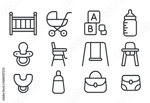 Childcare Icon Set. Outline icon set of Childcare during work hours: baby crib, stroller, toy block, bottle,