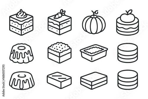 Autumn Cake Icons. Outline icon set of Cake types for autumn: spice cake, carrot cake, pumpkin cake, apple