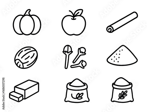 Fall Baking Ingredients Icons. Outline icon set of Seasonal ingredients for fall baking: pumpkin, apple,
