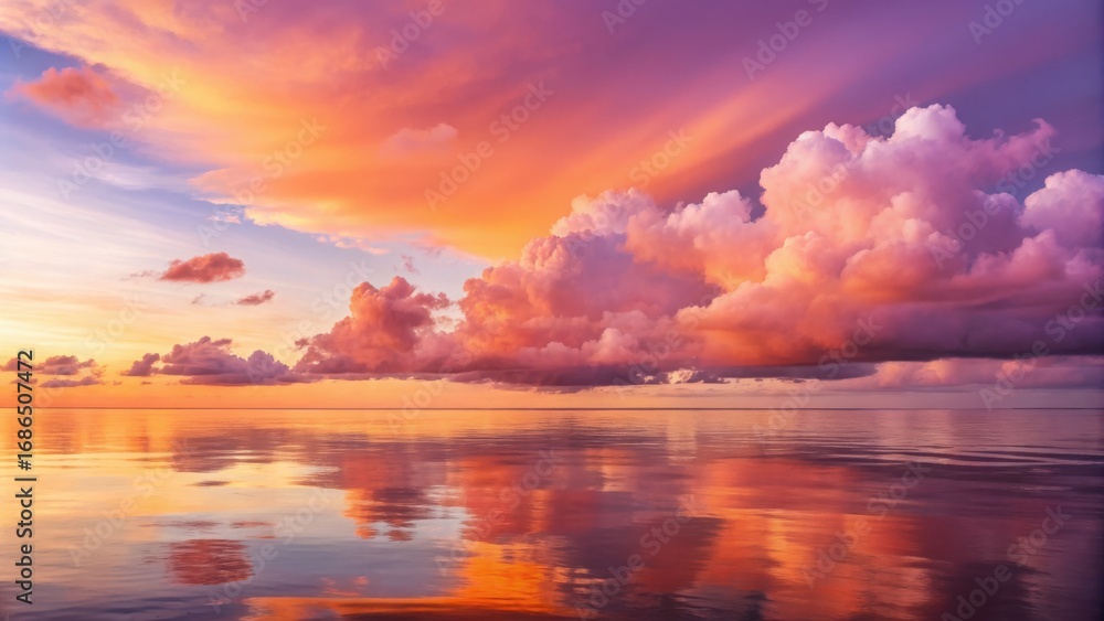 Fototapeta premium Vibrant sunset sky reflecting fiery hues on a calm ocean surface