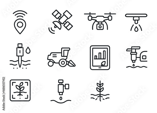 Precision Farming Icons. Outline icon set of Precision farming technologies: GPS tracker, satellite, drone