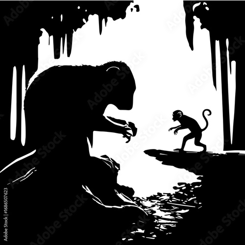 Silhouette illustration of two monkeys facing each other in a dark cave with stalactites above them