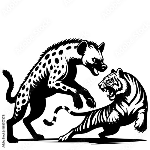 A hyena with spots aggressively confronting a striped tiger in a black and white illustration style