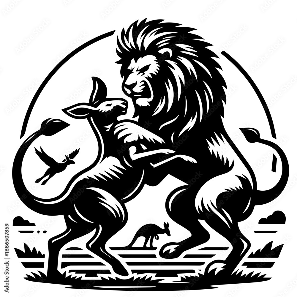 Fototapeta premium Illustration of a lion and kangaroo engaged in a fierce battle with a bird and smaller kangaroo nearby