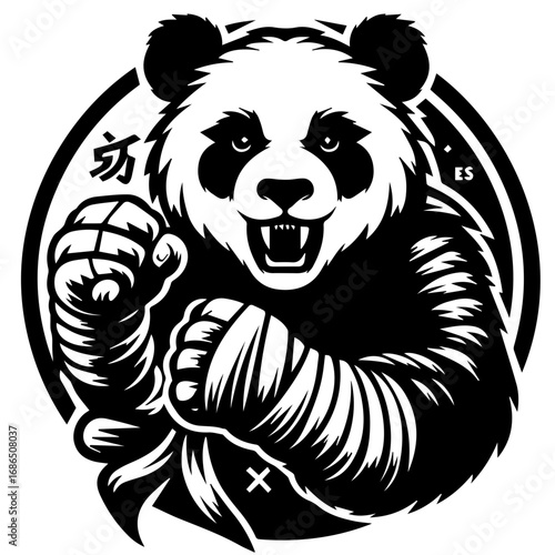Illustration of a panda bear with boxing wraps inside a circle with chinese characters and the letters es