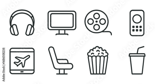 In-flight Entertainment Icons. Outline icon set of In-flight entertainment: headphones, screen, movie reel,