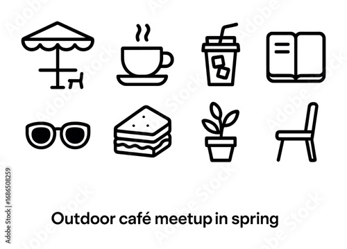 Outdoor Café Icons. Outline icon set of Outdoor café meetup in spring: umbrella table, coffee cup, iced drink,
